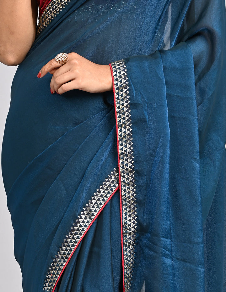 Zehra – Teal Blue Chinnon Saree with Swarovski Stone Border & Contrast Embroidered Blouse | Fazals (45073)