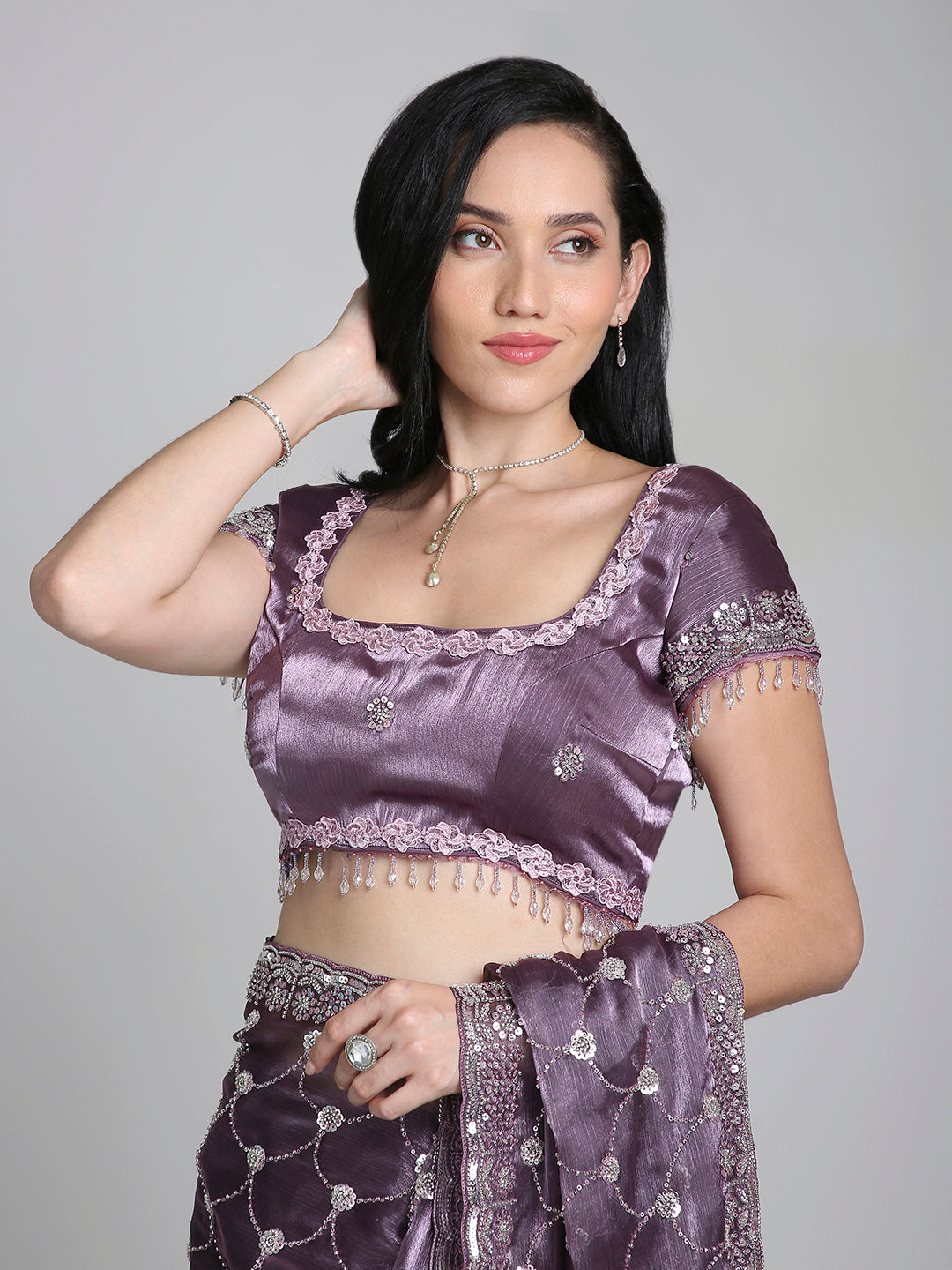 Meher – Lavender Purple Chinnon Saree with Pearl Embroidered Border | Fazals (43391)