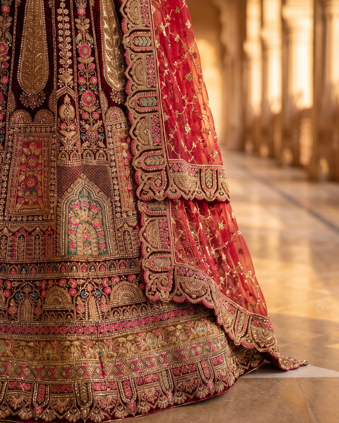 Maroon Velvet Embroidered Bridal Lehenga (45877)