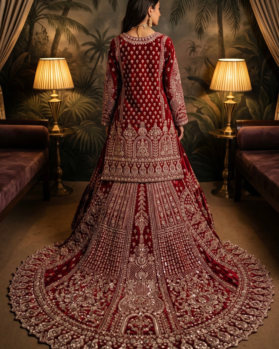 Maroon Velvet Embroidered Trail Cut Farshi (59014)