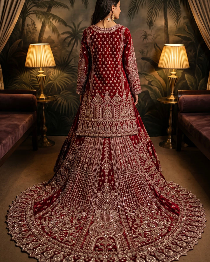 Maroon Velvet Embroidered Trail Cut Farshi (59014)
