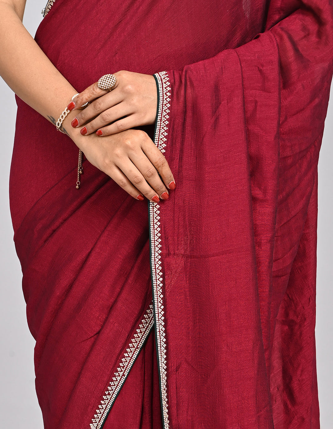 Myra – Maroon Silk Saree with Swarovski Border & Contrast Blouse | Fazals (46588)