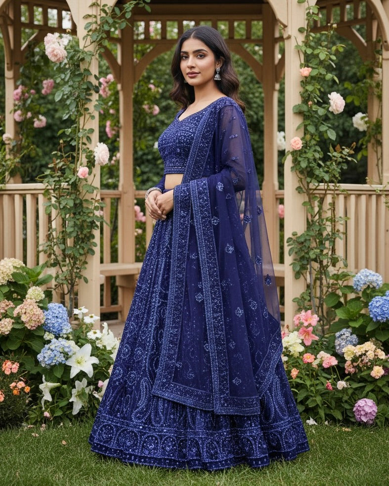 Blue Embroidered Net Bridal Dupatta (44499)