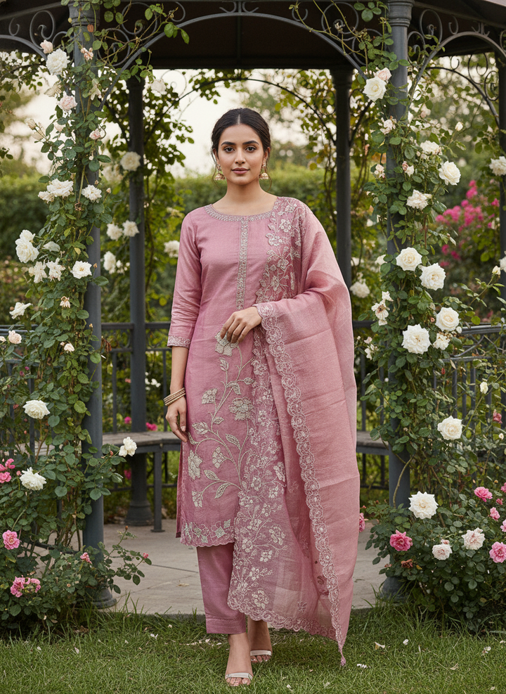 Pink Tissue Zari Embroidered Festive Fabric (48626)