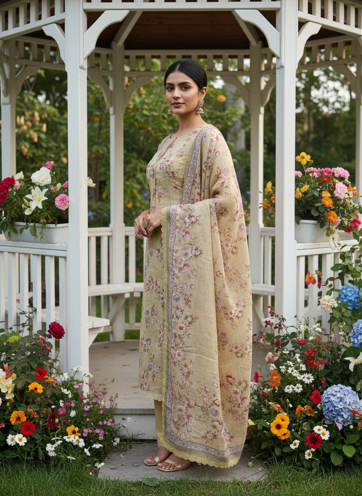 Mustard Linen with Printed Embroidery Elegance (49361)