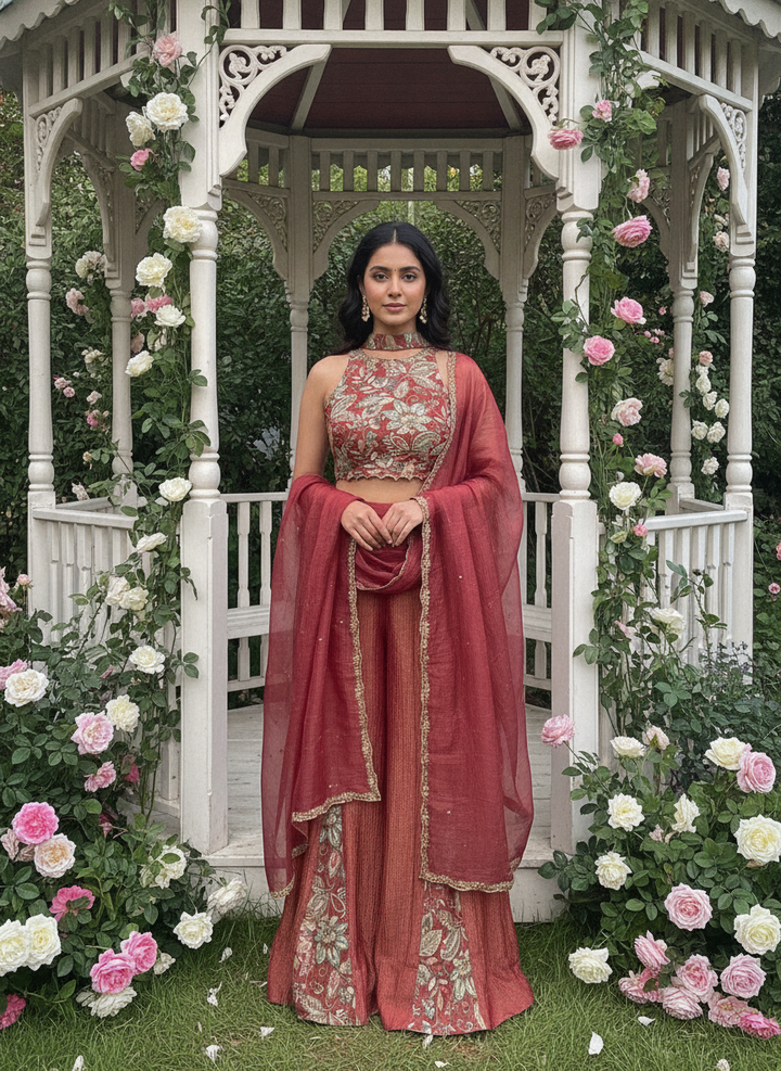 Embroidered Maroon Tissue Plazo Suit with Luminous Drape (56425)