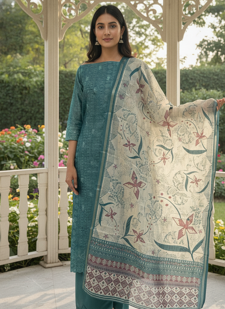 Embroidered Chanderi Dupatta Set in Verdant Green (47592)