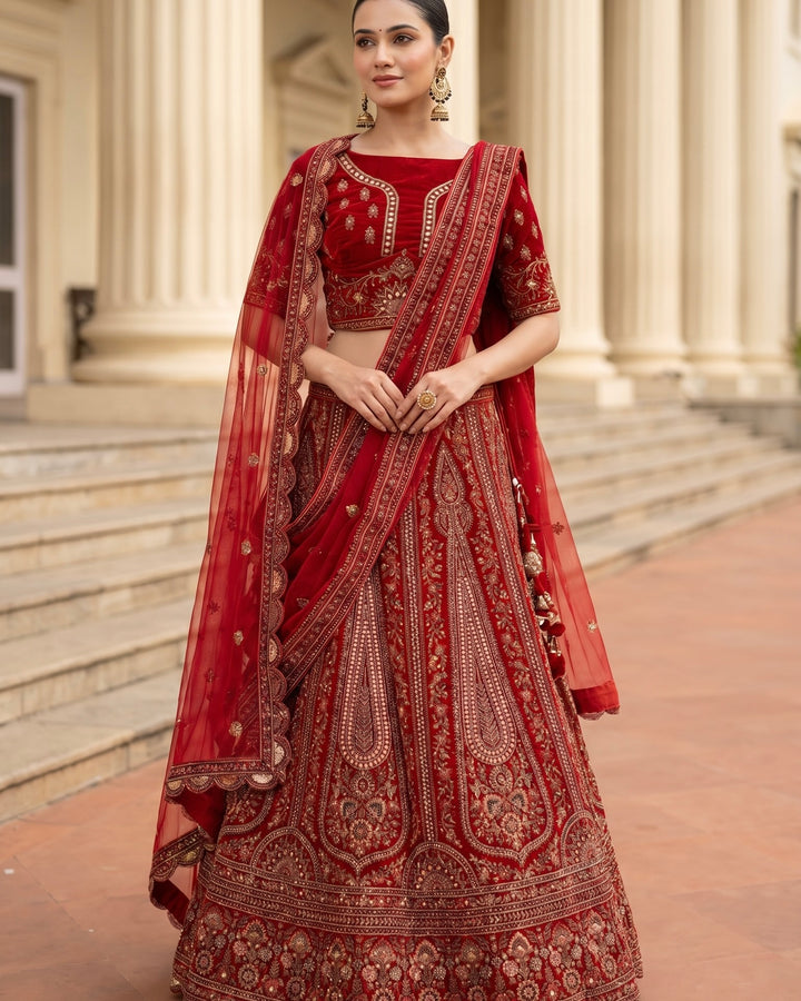 Crimson Velvet Bridal Dupatta with Embroidery (45519)