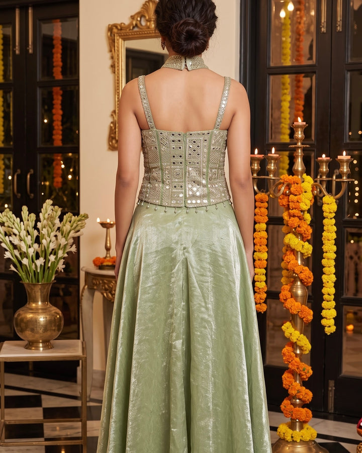 Green Embroidered Tissue Corset Blouse Palazzo Set (60869)