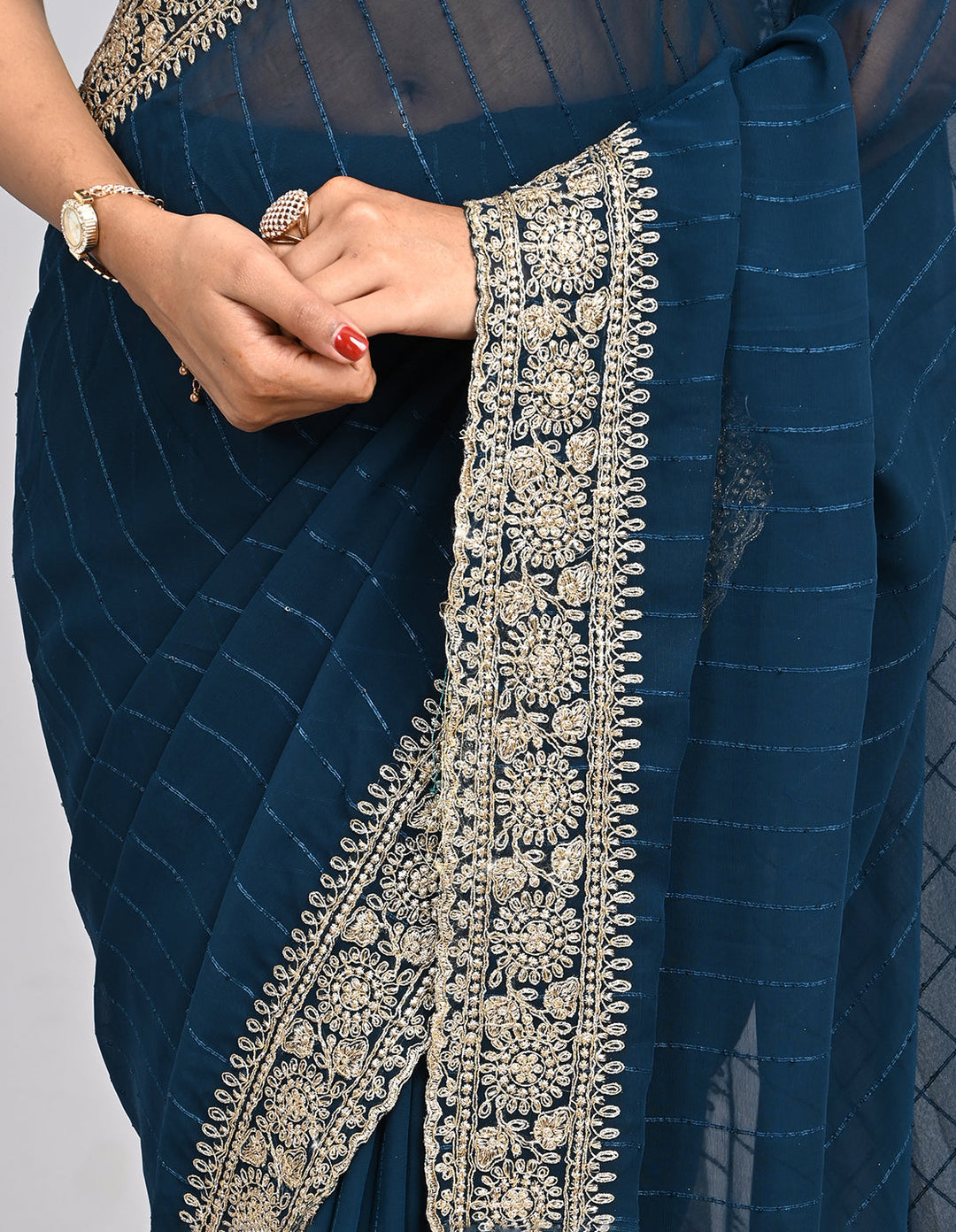 Meher – Navy Blue Embroidered Saree with Heavy Border & Unstitched Blouse | Fazals (45060)