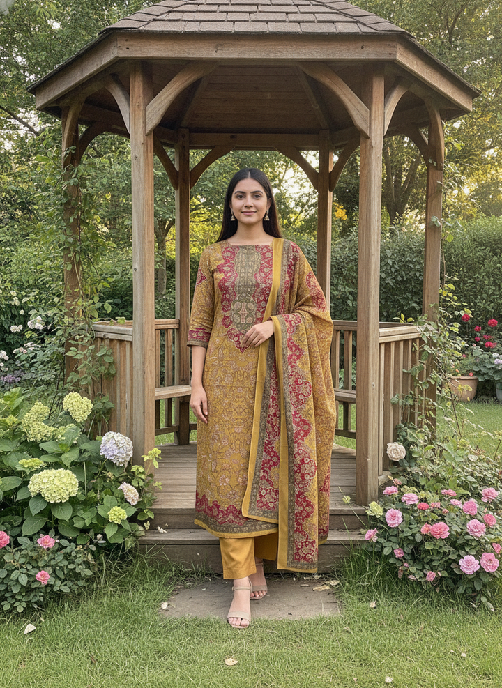 Mustard Muslin Embroidered Cotton Dupatta (53026)