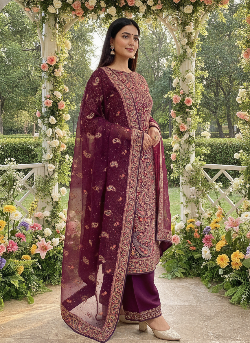 Wine Georgette Embroidered Festive Unstitched Ensemble (59614)