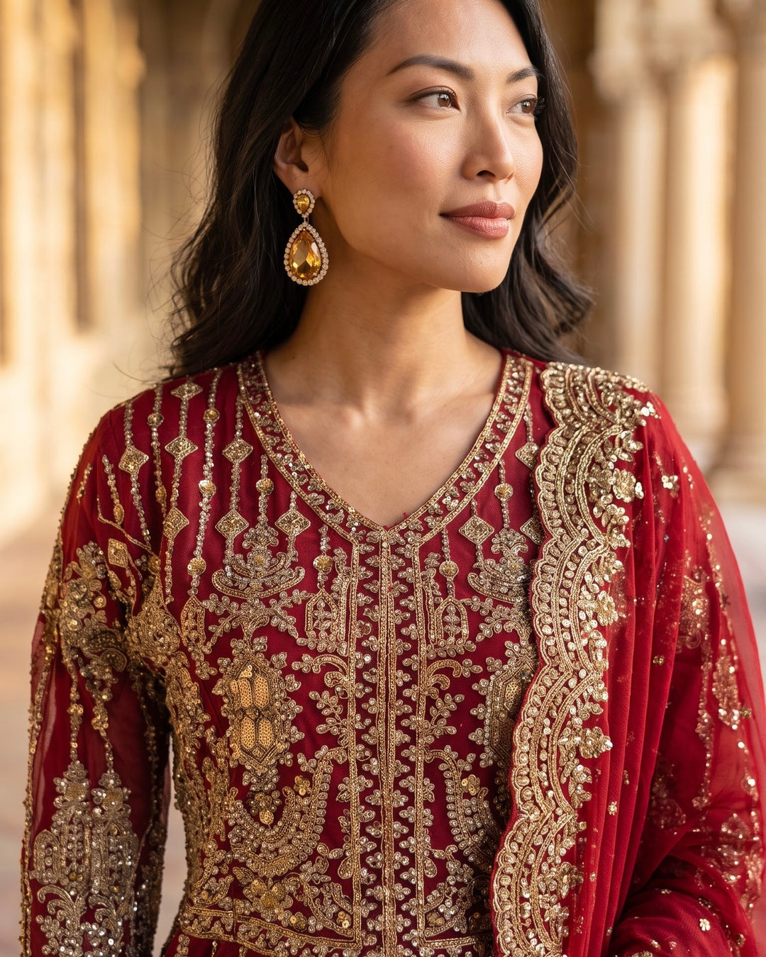 Maroon Embroidered Net Farshi with Heritage Elegance (56991)