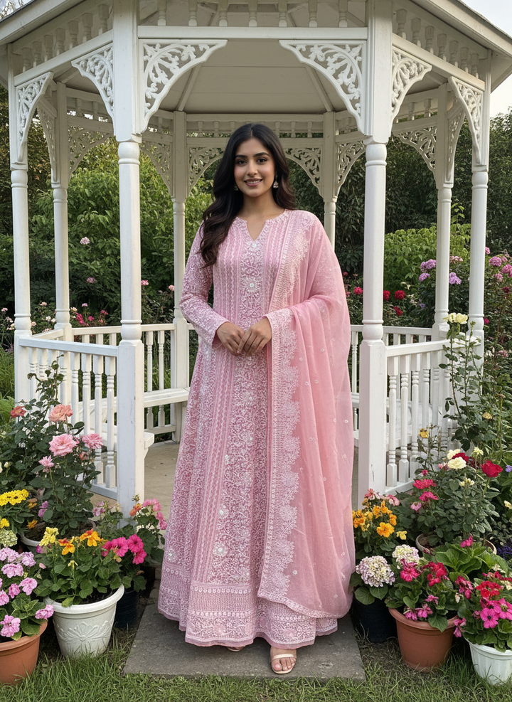 Pink Georgette Sequin Embroidered Festive Ensemble (54660)