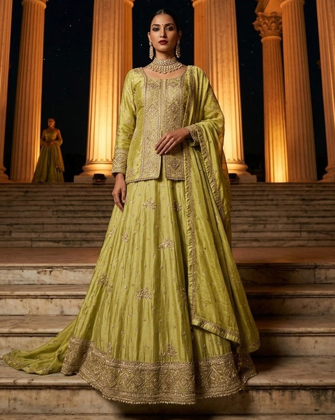 Neelofer – Rose Pink Tissue Jacket Lehenga Set with Katdana, Sequin & Moti Work | Fazals (52115)
