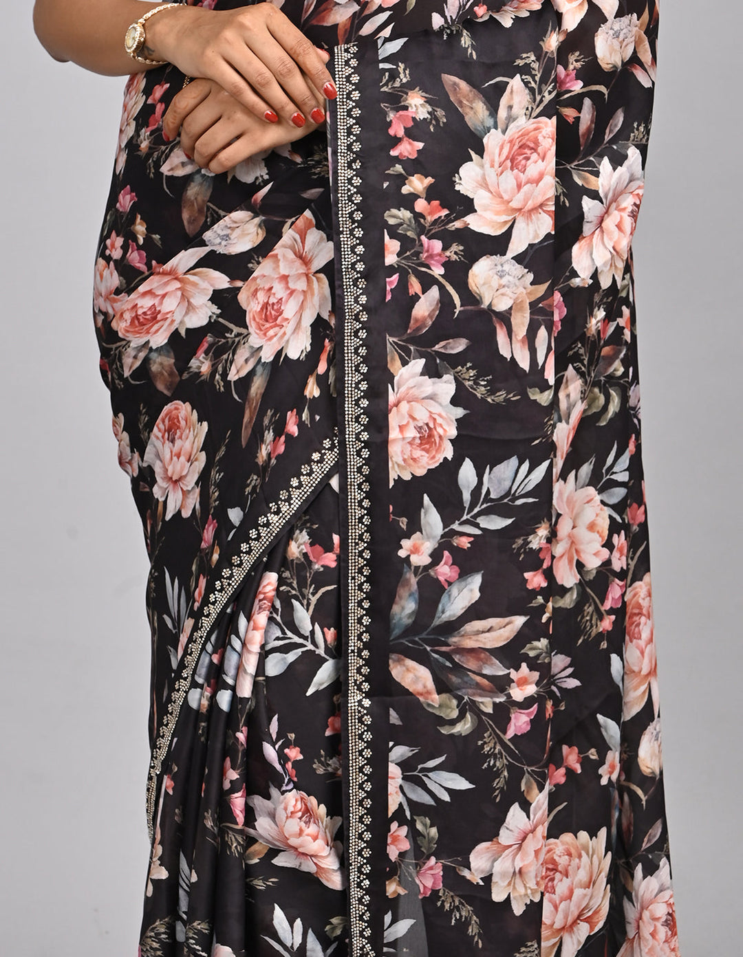 Noor – Black Floral Satin Saree with printed Blouse | Fazals (47108)