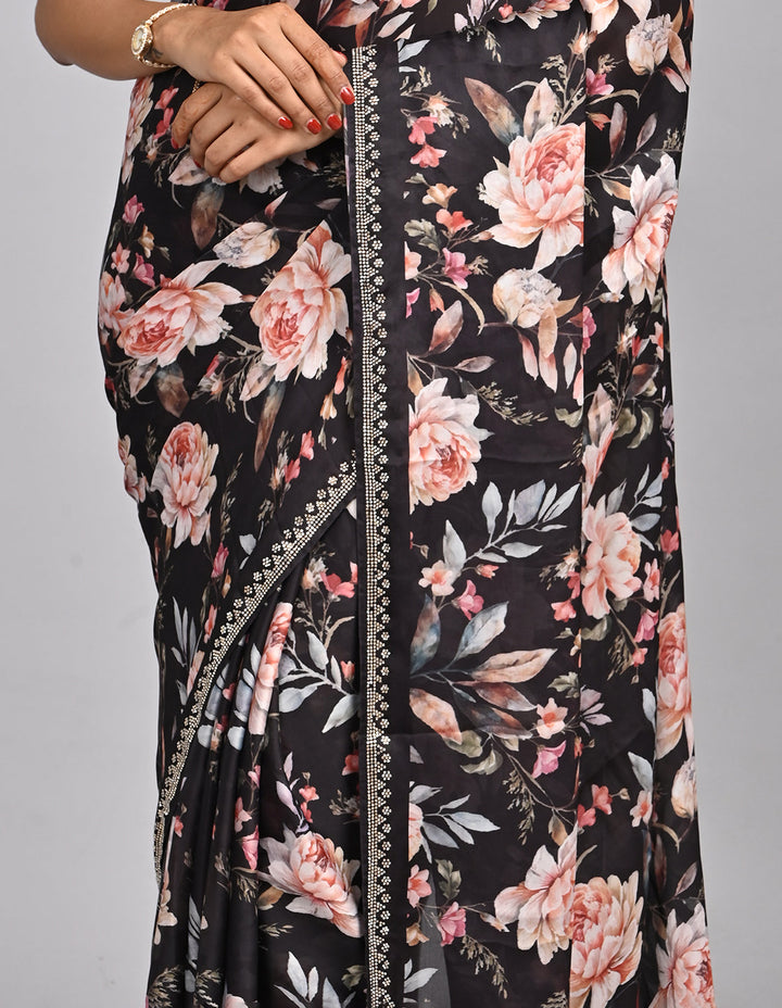Noor – Black Floral Satin Saree with printed Blouse | Fazals (47108)