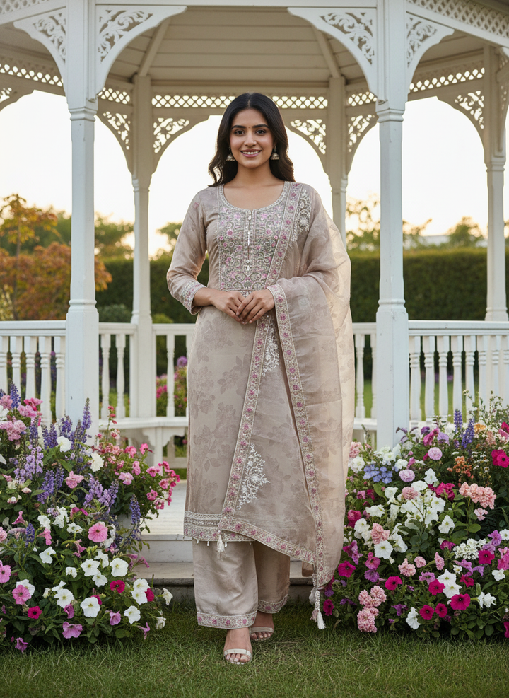 Beige Organza Embroidered Festive Ensemble (55034)