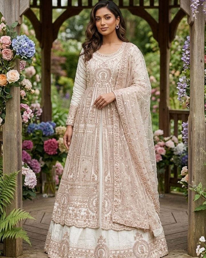 Cream Organza Embroidered Indo Western Gown (55107)