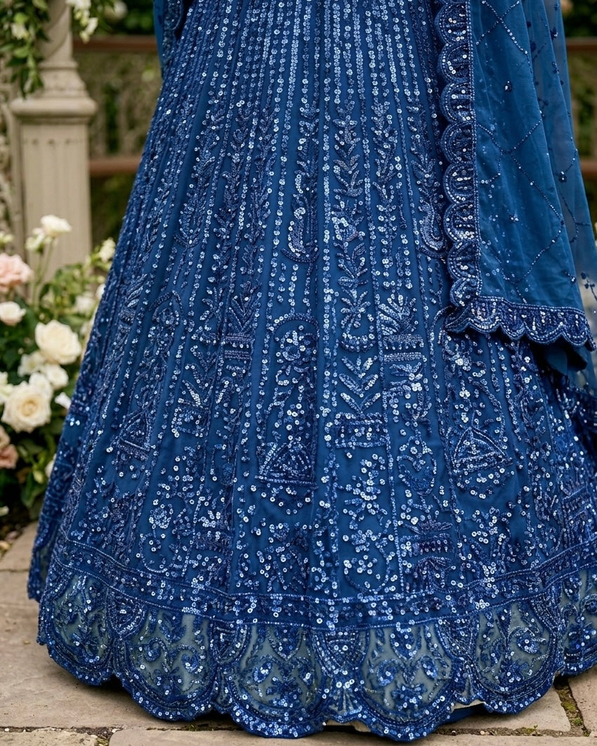 Navy Blue Embroidered Organza Dupatta (54522)