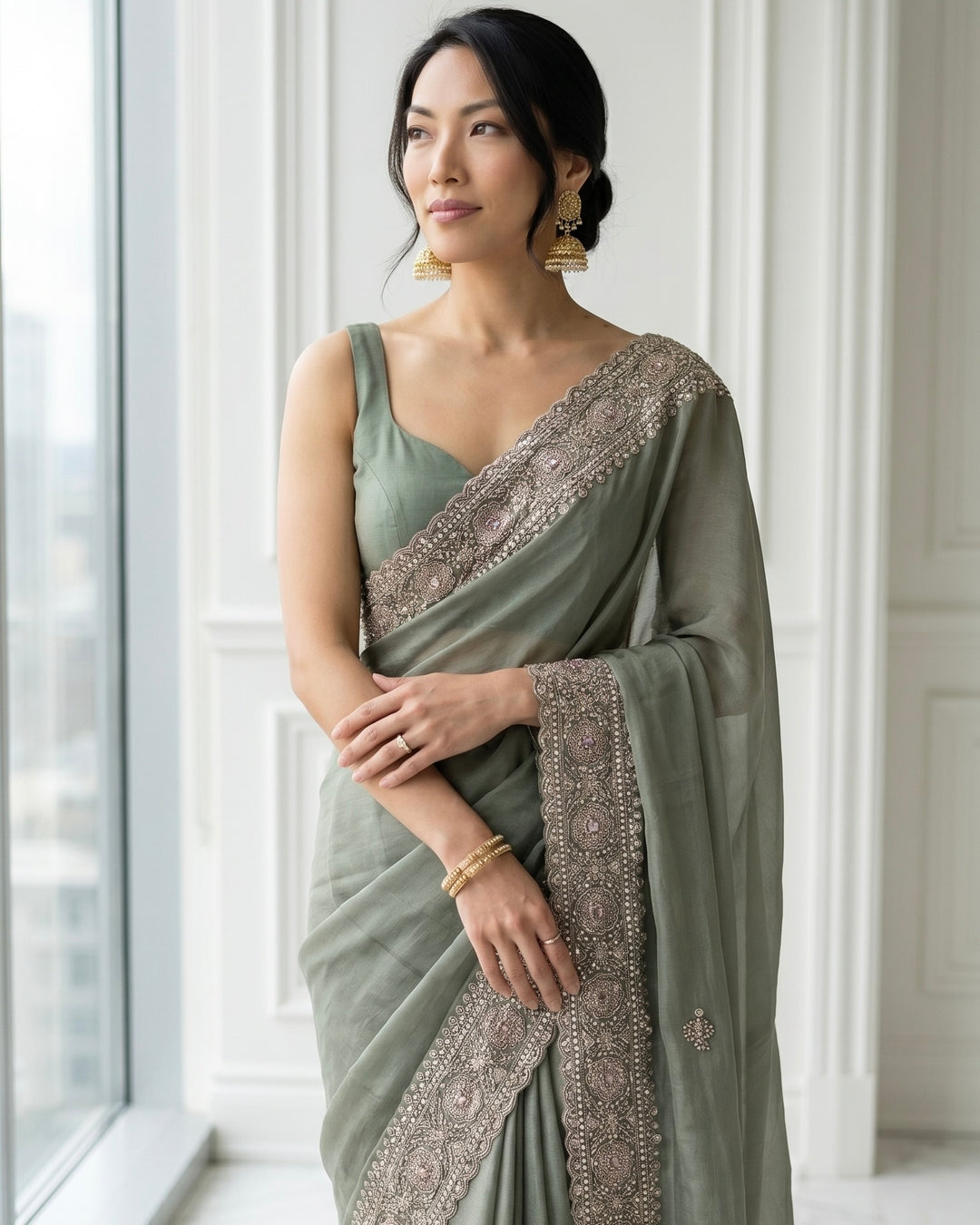 Emerald Embroidered Organza Saree Elegance (54587)