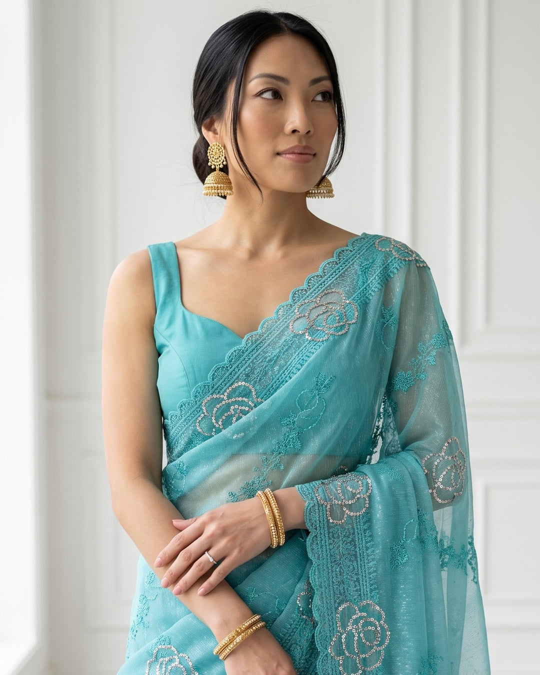 Embroidered Blue Georgette Festive Saree (37047)