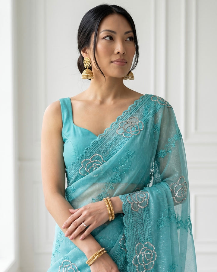 Embroidered Blue Georgette Festive Saree (37047)