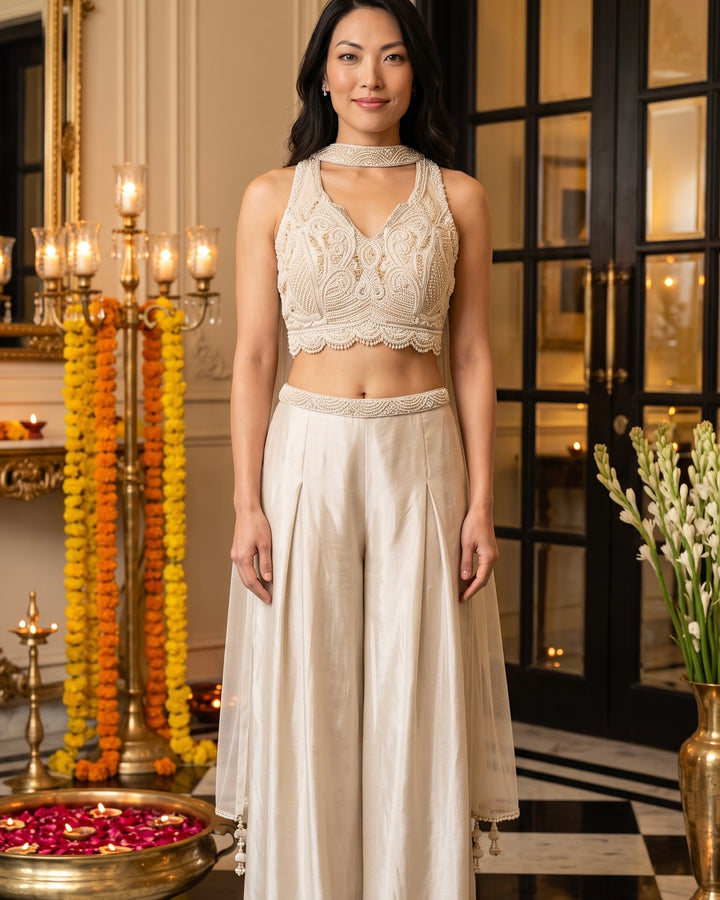 Beige Embroidered Chinnon Blouse Pant Set (49184)