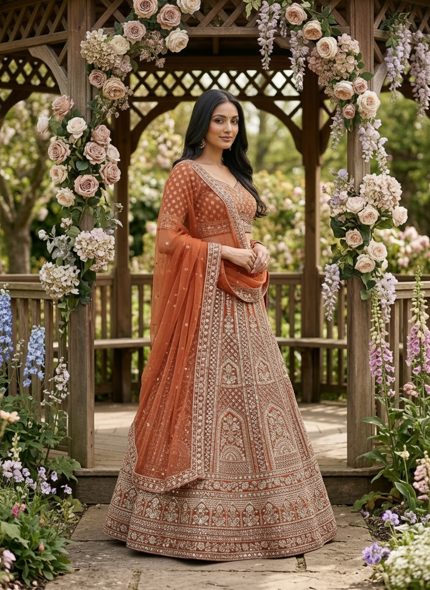 Embroidered Orange Net Dupatta with Heritage Elegance (55078)