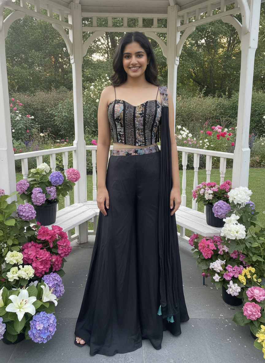 Embroidered Black Silk Palazzo Trousers (56394)