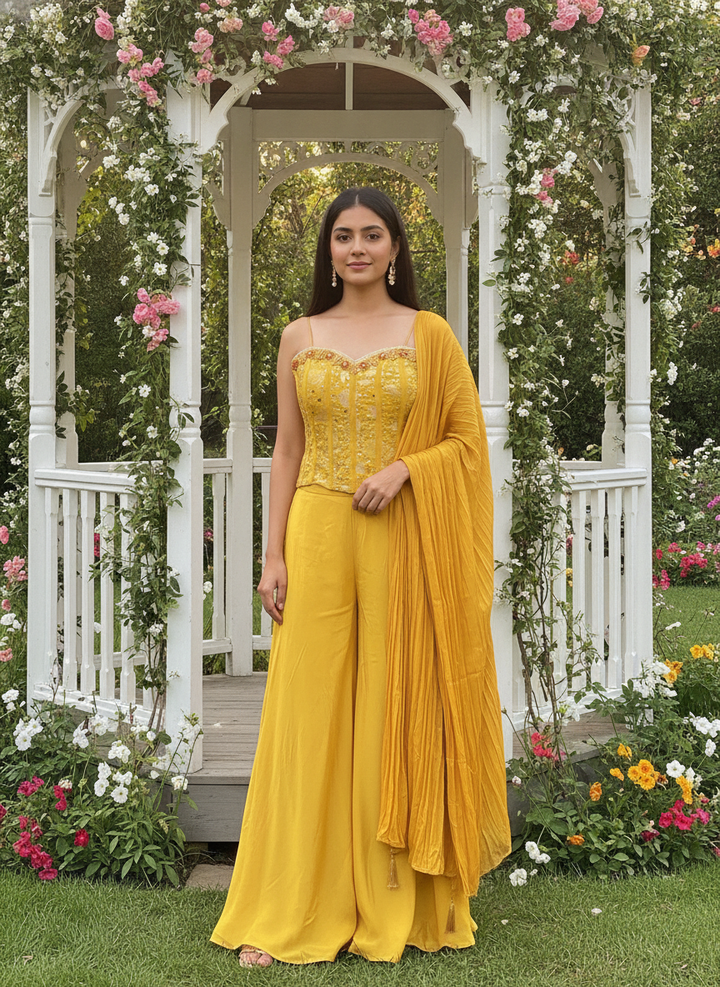 Embroidered Yellow Silk Plazo Suit (56434)