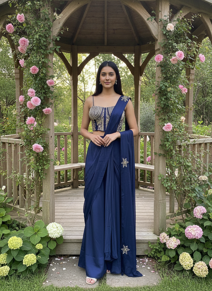 Navy Blue Silk Palazzo Suit with Embroidery (56442)