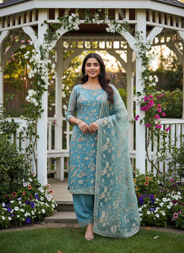 Blue Organza Zari Embroidered Festive Ensemble (54024)