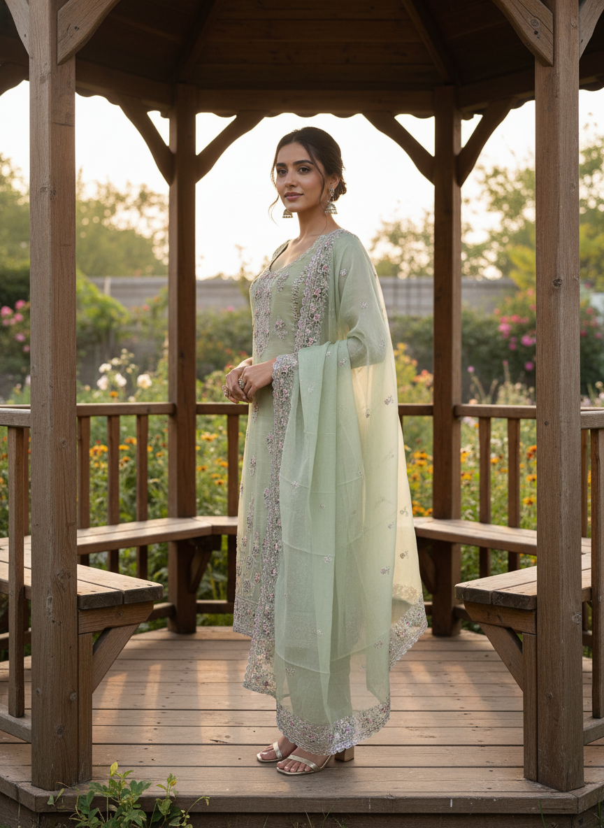 Verdant Green Tissue Silk with Embroidered Elegance (55215)