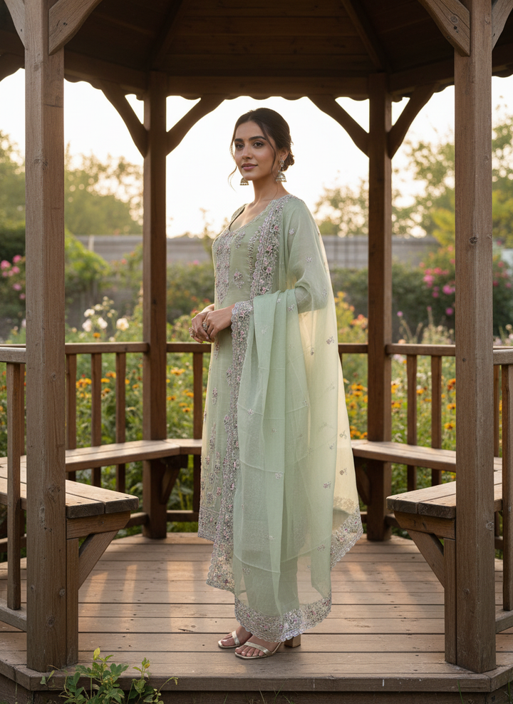 Verdant Green Tissue Silk with Embroidered Elegance (55215)