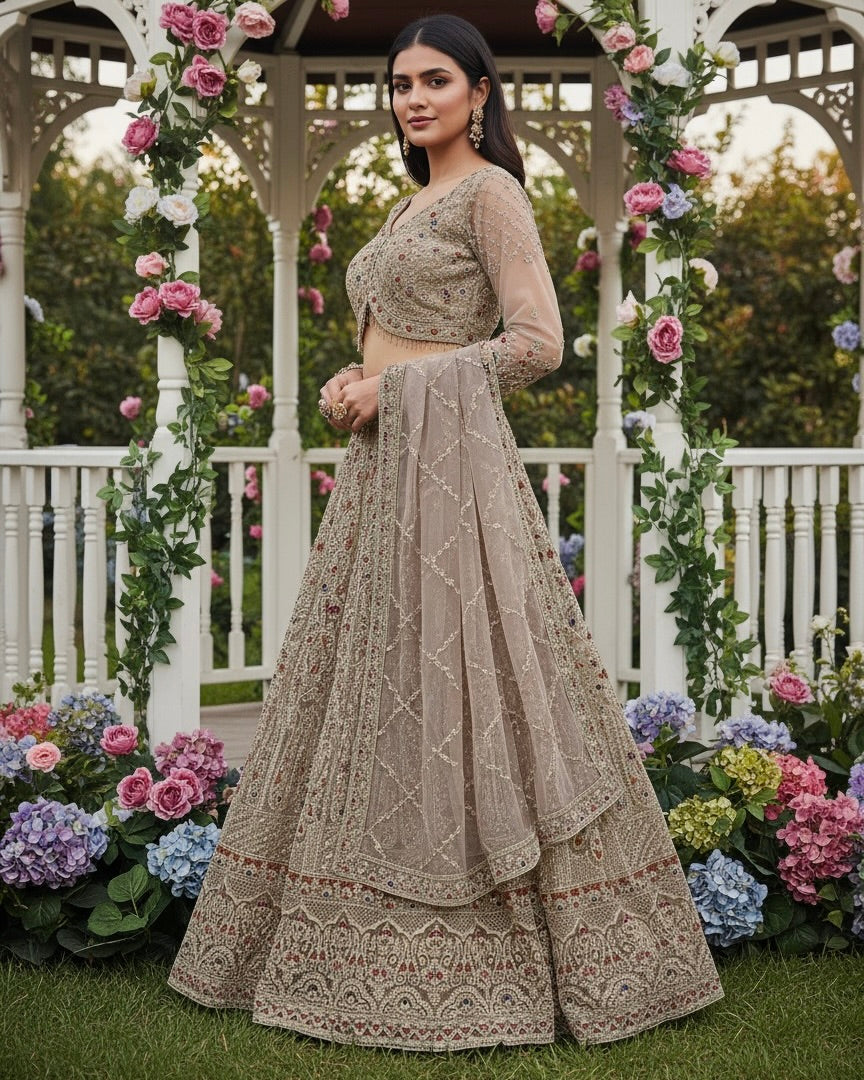 Beige Net Embroidered Festive Dupatta (52579)