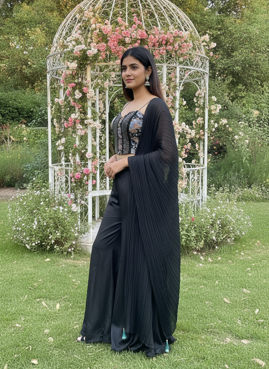 Embroidered Black Silk Palazzo Trousers (56394)