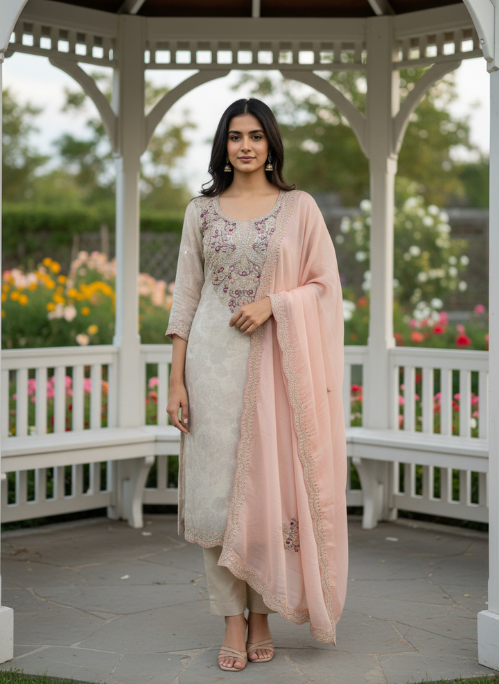 Beige Embroidered Organza Festive Ensemble (52316)
