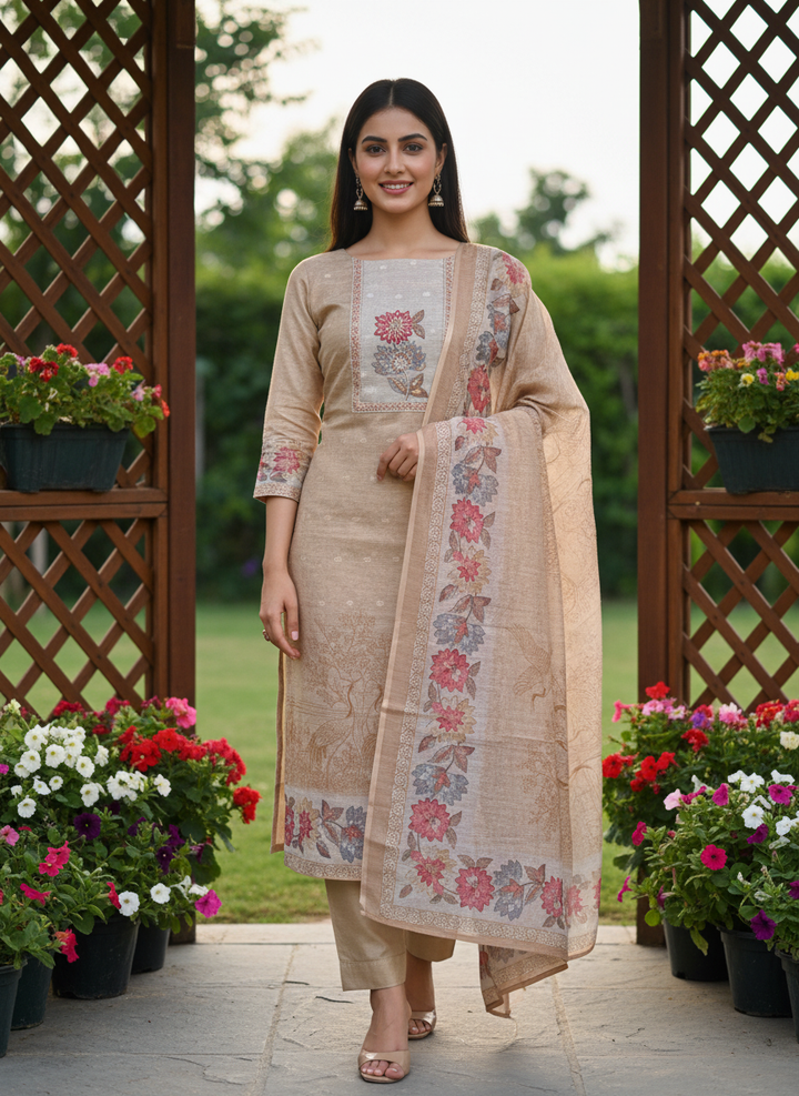 Beige Chanderi Printed Embroidery Unstitched Fabric (53988)