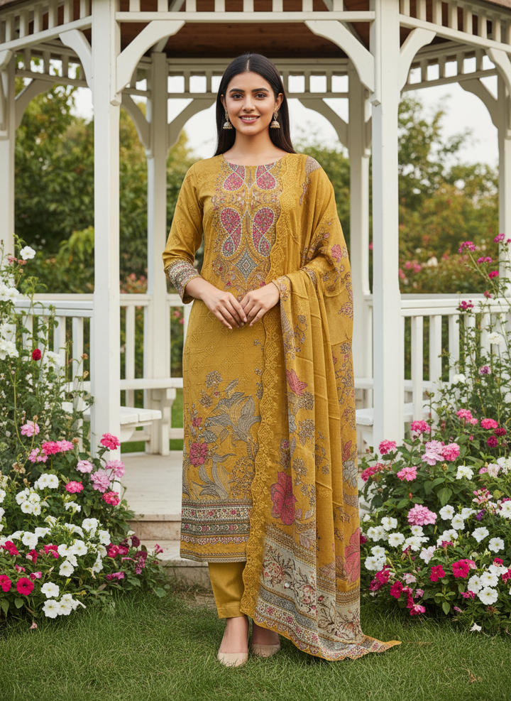 Mustard Muslin Printed Embroidery Suit Material (50620)