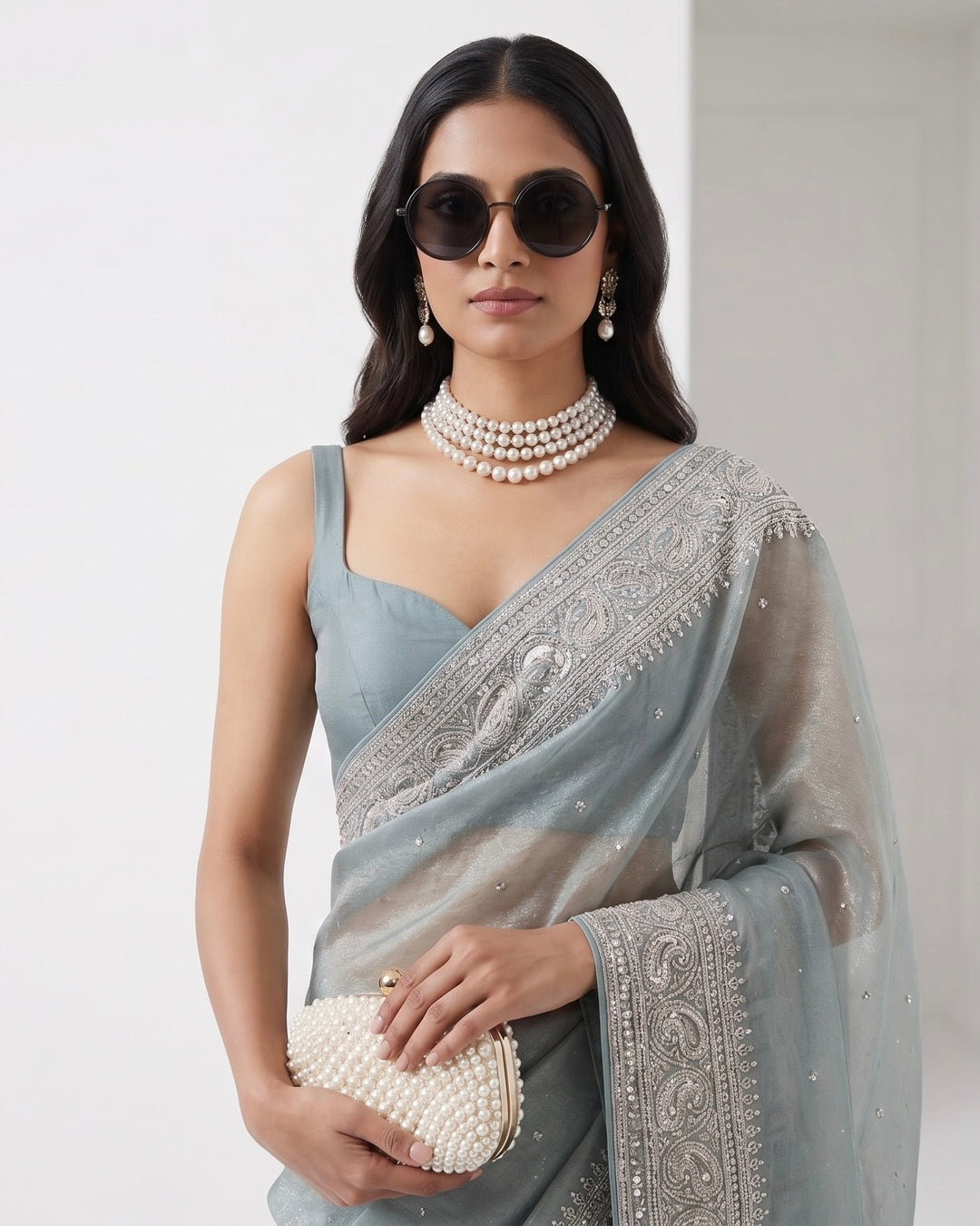 Ethereal Light Blue Embroidered Organza Saree (54588)