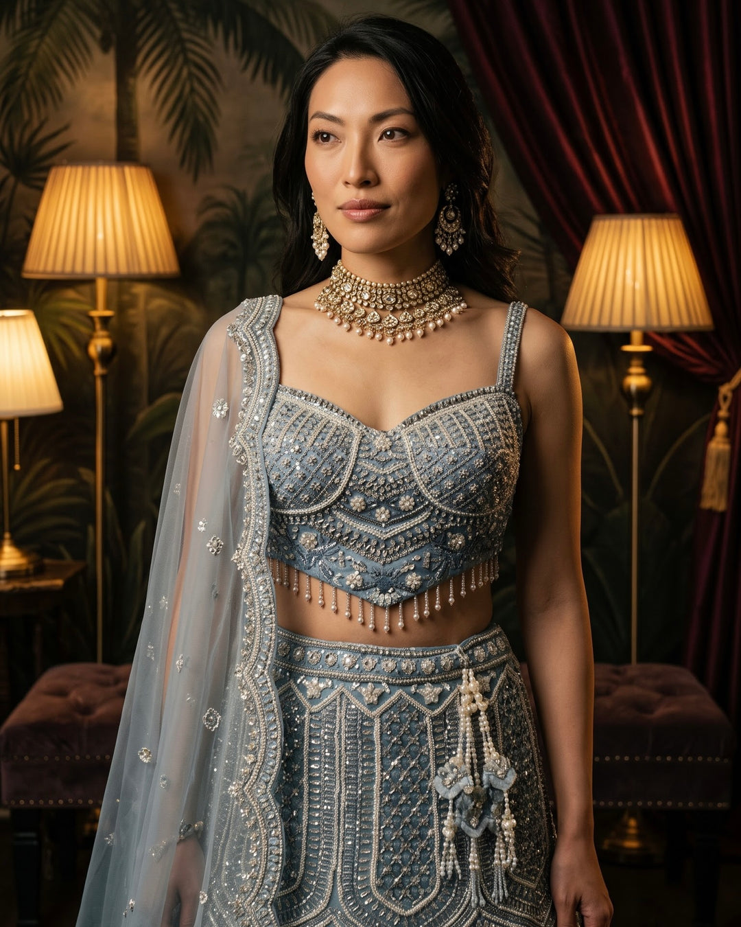 Glacier Blue Corset Blouse Fish Cut Lehenga (59218)