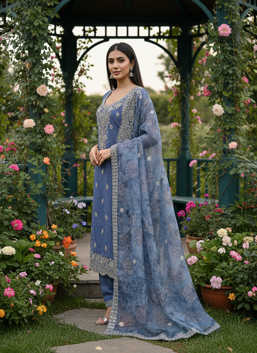 Celestial Blue Organza with Zari Stone Embellishment (53747)