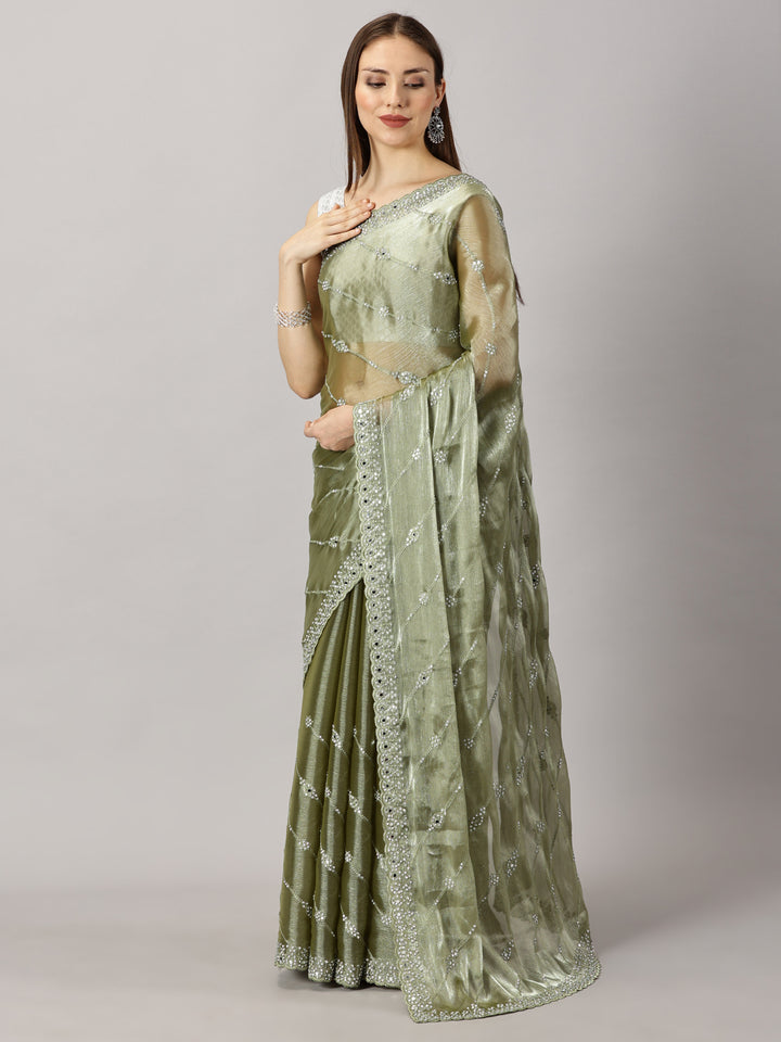 Organza Green Zari Stone Embroidered Saree