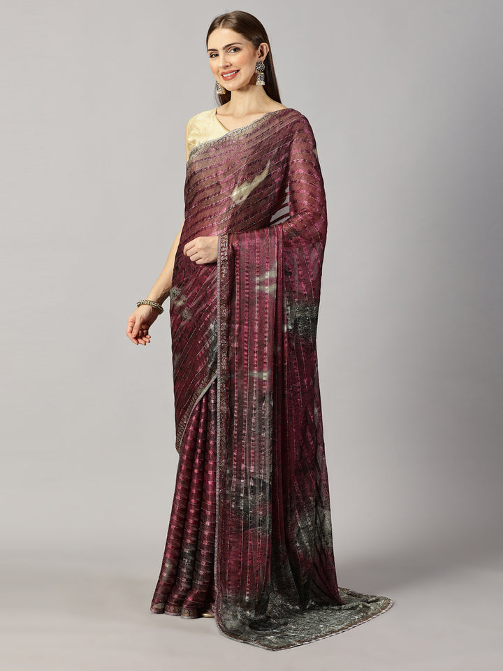 Printed Organza Stone Embroidered Saree