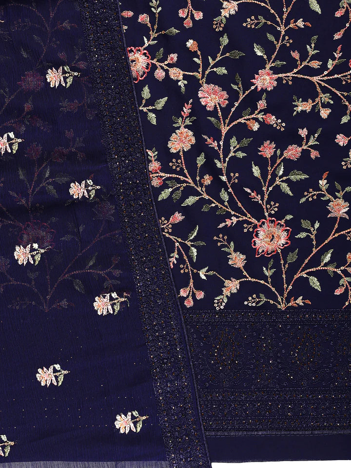 Fazals Dark Blue Embroidered Unstitched Georgette Salwar Suit