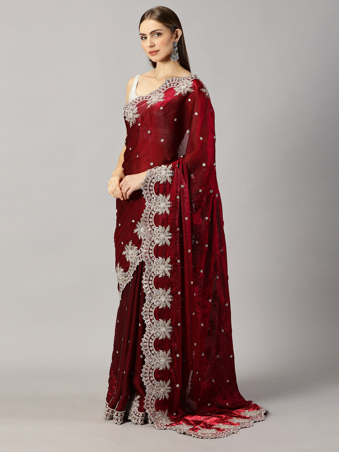 Organza Maroon Zari Embroidered Saree