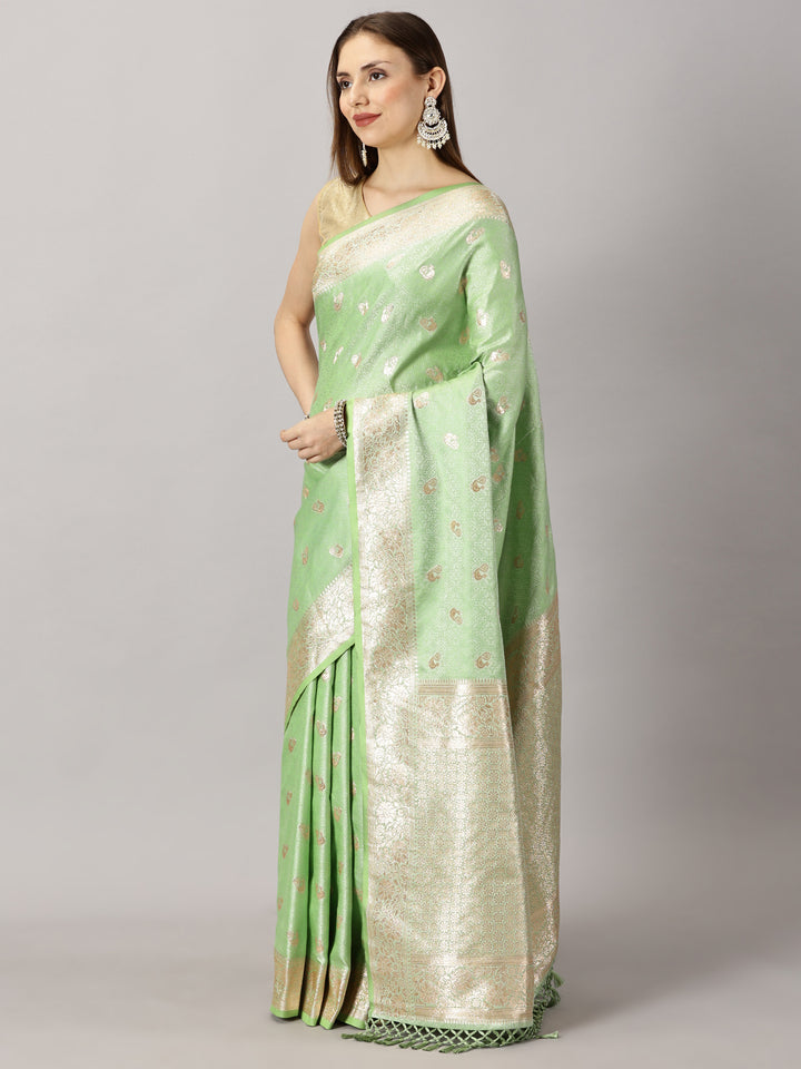 Pista Green Woven Satin Silk Saree
