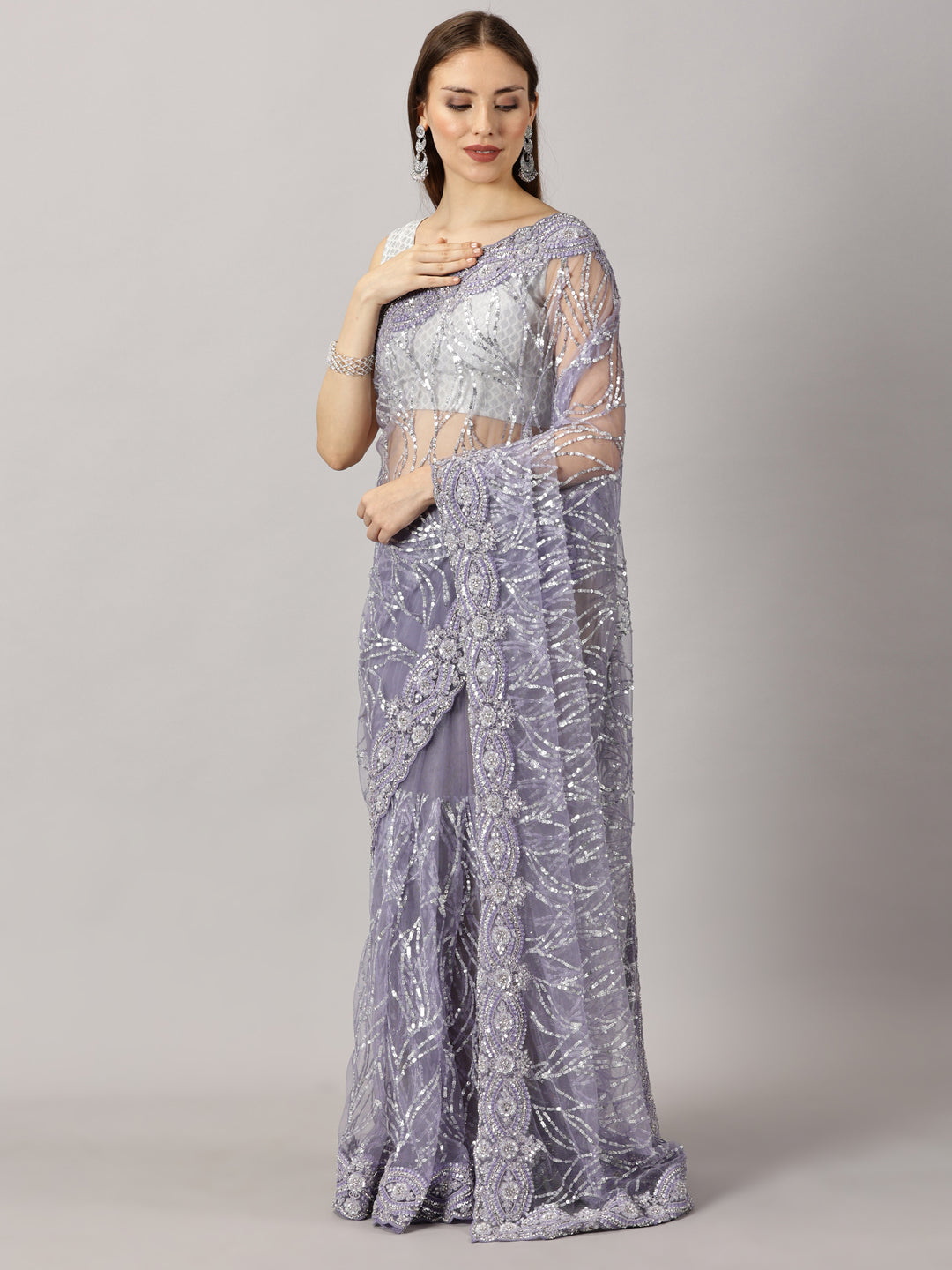 Net Purple Thread work Embroidered Saree