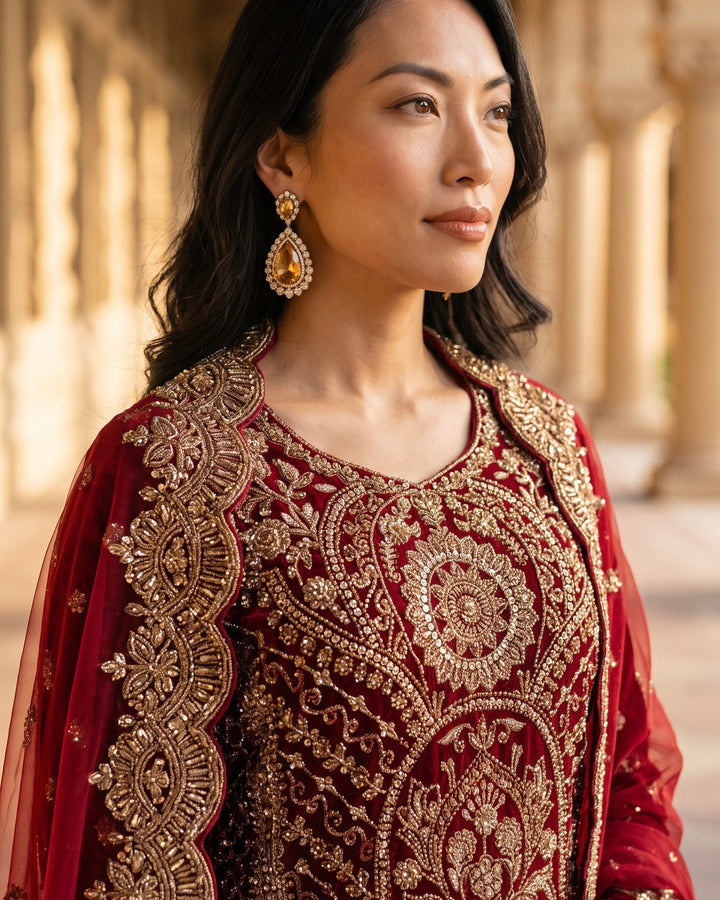 Maroon Velvet Embroidered Farshi Ensemble (59228)